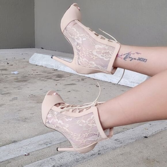Women Ankle Open Toe High Heel Booties Lace Up Nude Color - Picture 2 of 6